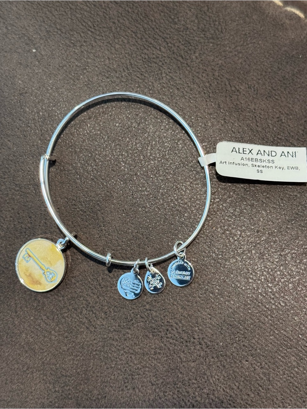NWT Alex and Ani Skeleton Key bracelet antique gold key charm on a silver bangle